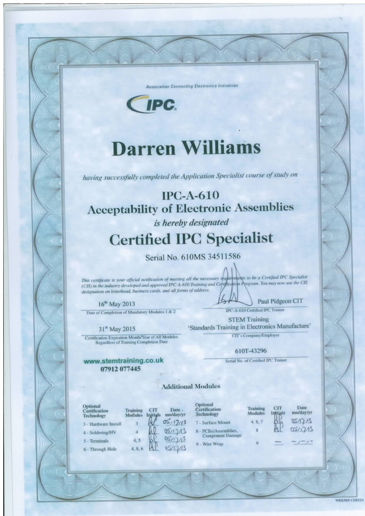 Production Manager IPC Accreditation IPC Certificate